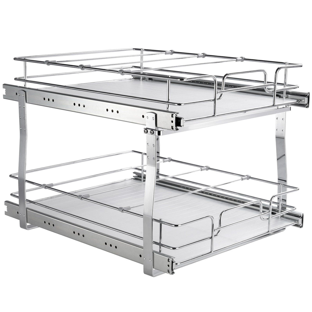 Two Tier Pull-Out Cabinet Organizer, 20 x 21 Inch Chrome Steel Sliding Shelves