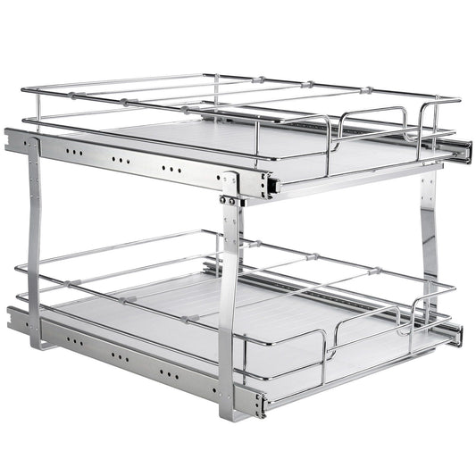 Two Tier Pull-Out Cabinet Organizer, 20 x 21 Inch Chrome Steel Sliding Shelves