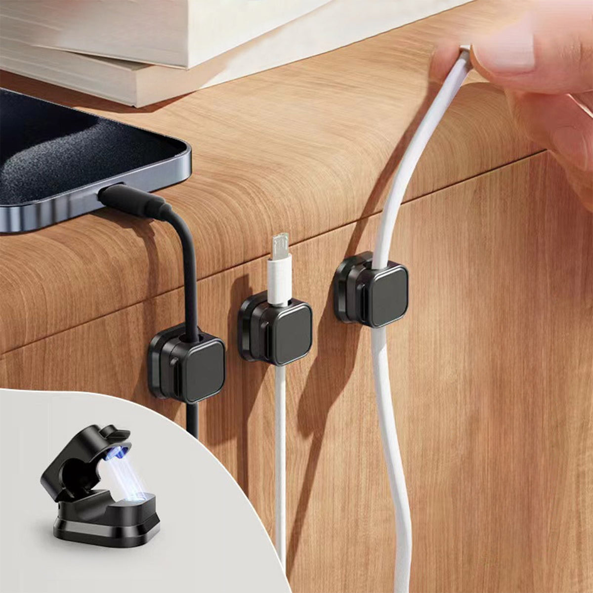 Magnetic Cable Clips, Six Adhesive Cord Holders in White and Charcoal - Image 6
